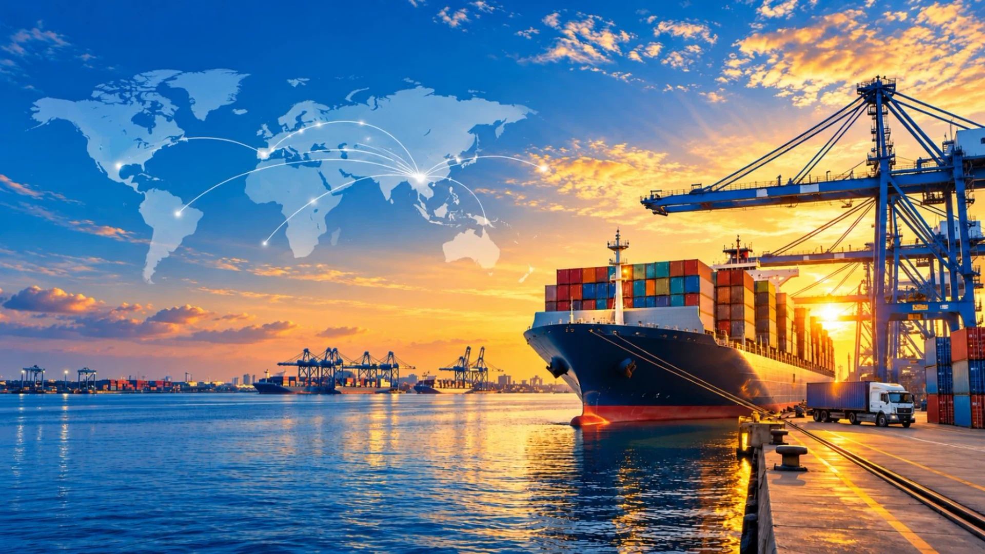 Container ship at port with cranes and global trade routes